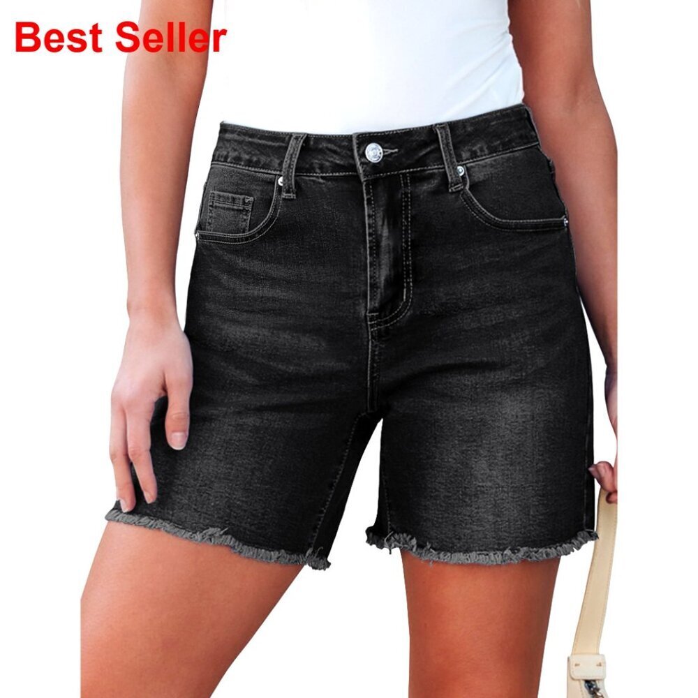 High Waisted Stretchy Denim Shorts Raw Hem Cutoff Jorts